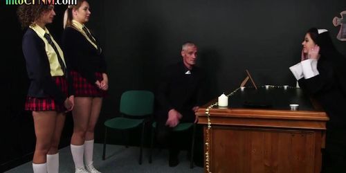 CFNM sluts deepthroating fake priest and make him cum