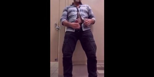 Bear Jerking Off at Work in Restoom