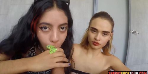 Two petite Rave girls are ready for face fucking by huge cock white friend