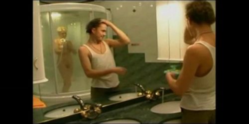 Son's friend enters bathroom when mom is in shower