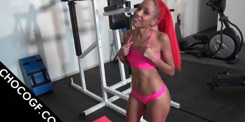 Slim Choco doll sucking cock at the gym in POV