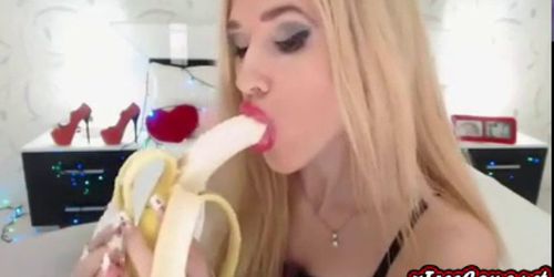 Beautiful Amateur Blonde Girl Sucks Banana Gently on We