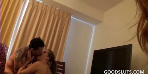 College teens sharing loaded cock in gangbang