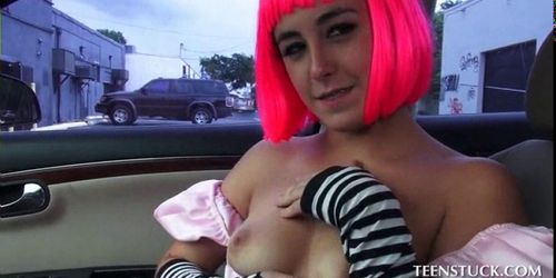 Cosplay babe taking a sex ride plays with tits