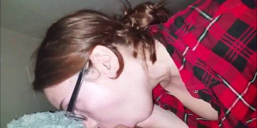 Nerd teen with glasses CFNM blowjob