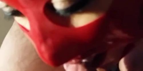 Masked babe gives blowjob and gets facial