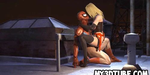 3D babe gets fucked on a roooftop by Spiderman