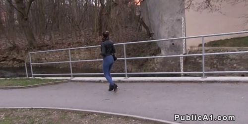 Beautiful Russian student bangs in public