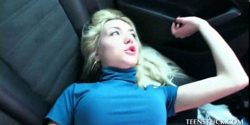 Excited blonde humping dick on the backseat