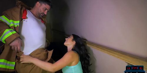 Firefighter fulfills brunettes fantasy after the rescue