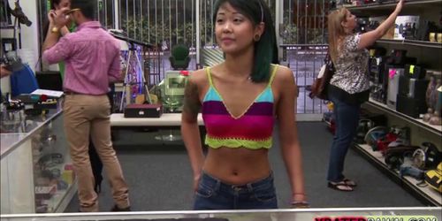 Bitchy Asian seller with nice tits sucks a big hard dic