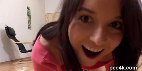 Ravishing teenie is pissing and pleasuring trimmed fuck