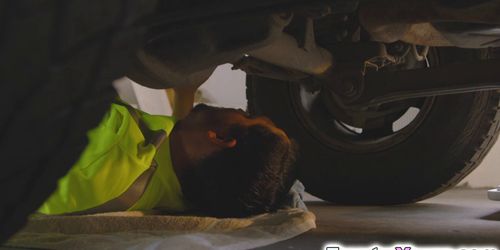 Petite teen Karlie Brooks fucks the mechanic