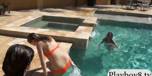 Three sexy gals take off bikini then banged by the pool