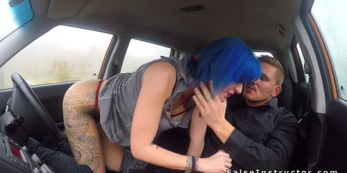 Tattooed driving student deep throats