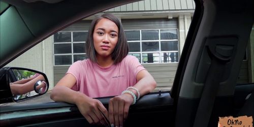 Slender Aria Skye flashes perky small tits for a ride