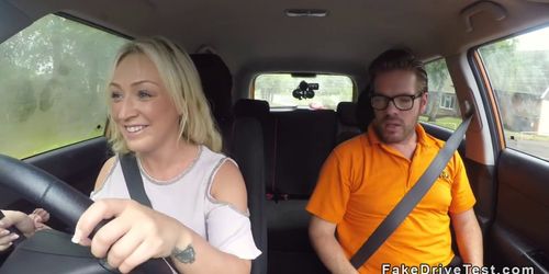 Blonde driving student in hot pants fucks