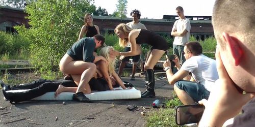 Blonde slut dp banged outdoor in group