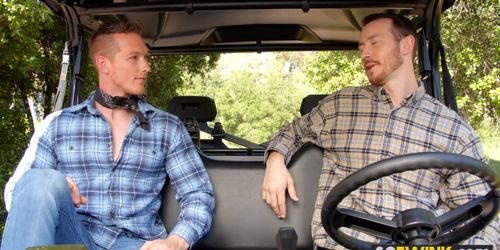 Stud gays blowjob and anal on the farm on the tractor