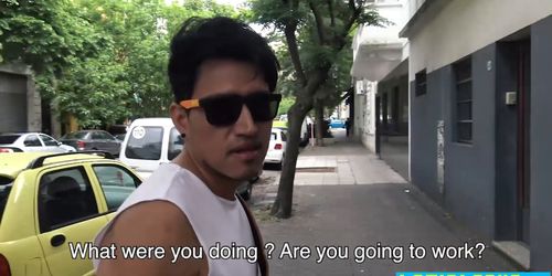 Straight latino wraps his tongue around studs uncut rod