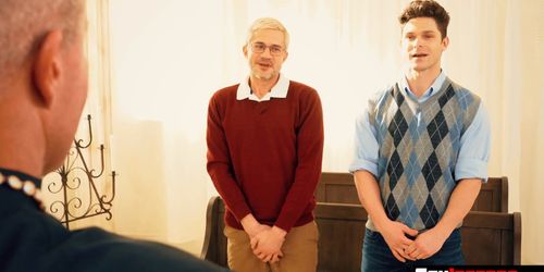 Studs rub each others cocks and fistfucks inside church