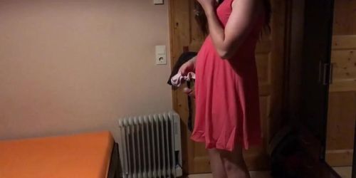 Sissy in pink dress strokes her cock with cumshot on fa