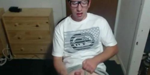 Cute nerdy boy cum to face on webcam