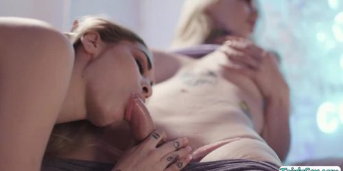 Blonde shemale licks and fucks the pussy of her yoga pa