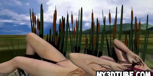 Foxy 3D redhead babe sucks an aliens cock outdoors