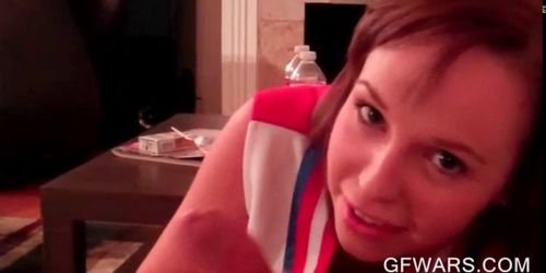 Sassy college cheerleader giving blowjob in POV style