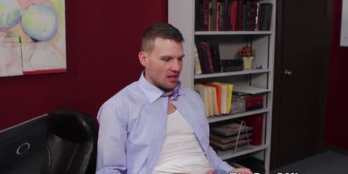 Gay office hunk jumps on managers cock