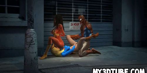 Two hot 3D cartoon babes getting fucked by Spiderman