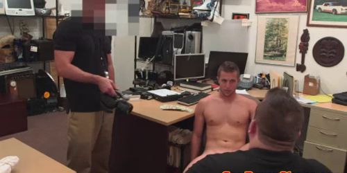 Gay straight hunk in pawn shop sucking