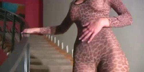 Leopard nylon girl with plump pussy