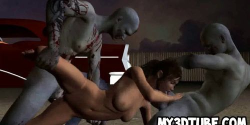 3D brunette babe gets double teamed by zombies