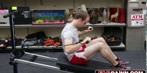 Muscle guy fucked hard in pawn shop by two men in a nas