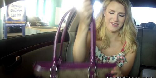 Teen giving blowjob on huge dick in the car in public