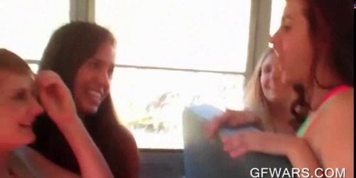 Babes in college kiss and rub cunts in bus