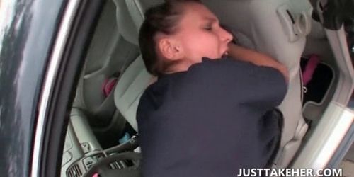 Blonde bent over the car and pussy drilled