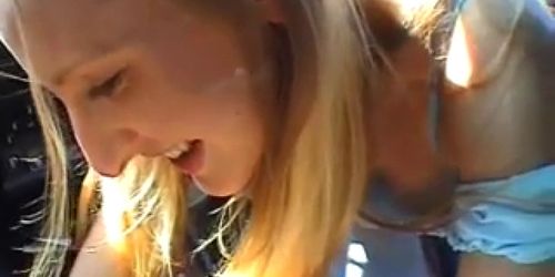 Amateur girlfriend blowjob in a car with cum in mouth