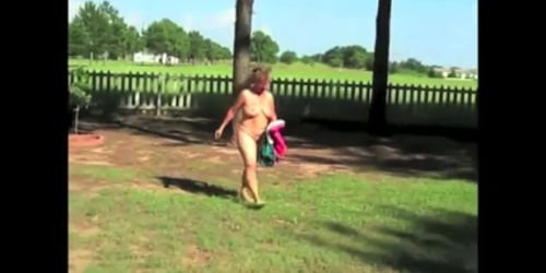 Mature Female Strips outdoors