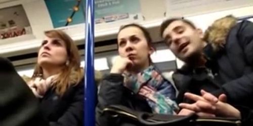 Women check out guys crotch bulge on train