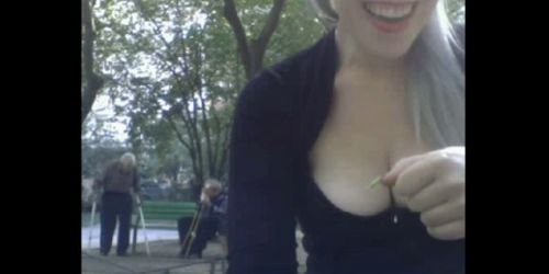 Blond teen flash pussy and tits in public