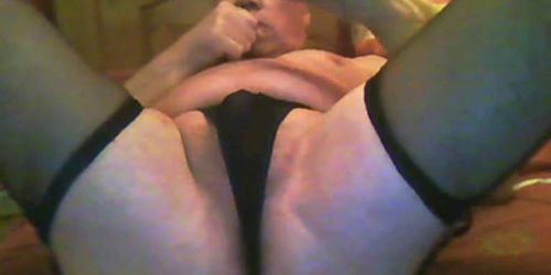 Mature sissy legs up tastes his own cum  through pantie