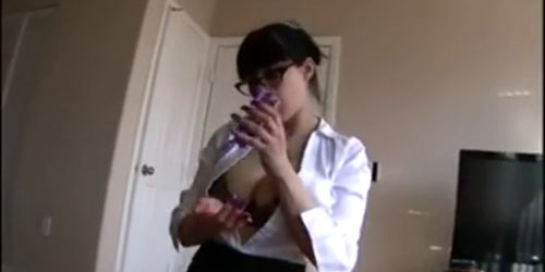 Big tit amateur nerd in office clothes jerk and facial