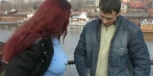 Redhead student sucks on the banks of the river for all