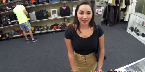 Real pawnshop amateur showing her tits off