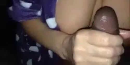 Big tits interracial handjob and cumshot