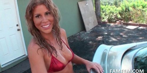 Horny car wash blonde strips in POV style