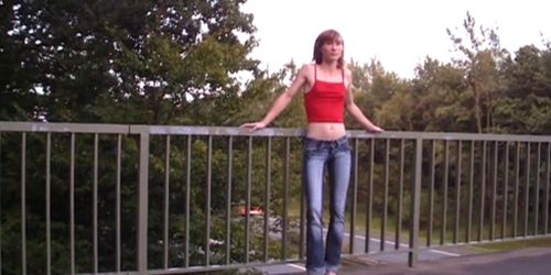 Skinny redhead blow and fuck on the bridge